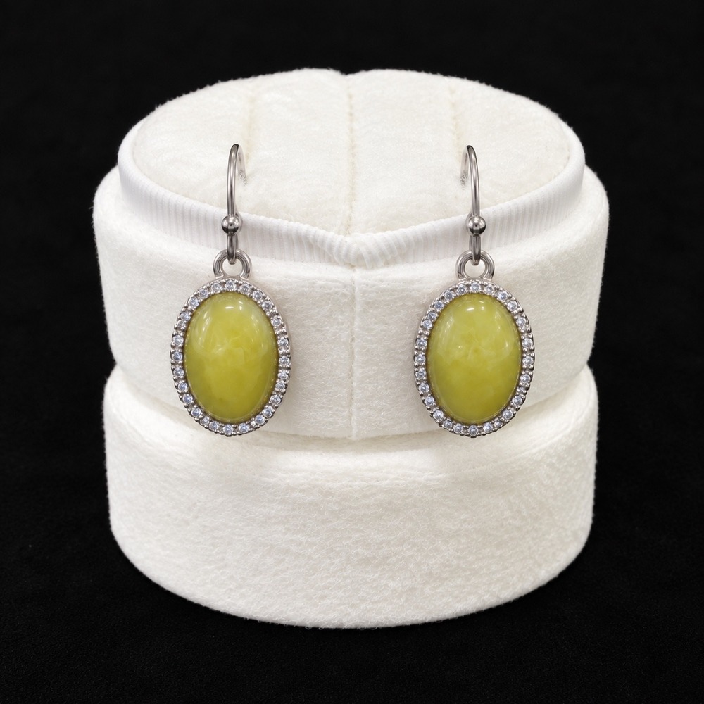 Drop Earrings Silver Tone Lime Green Oval Halo CZ French Wire Vtg